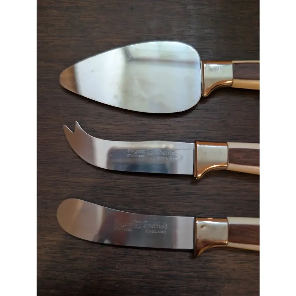 Vintage Regent Sheffield England 3 Piece Cheese Knife Set - Faux Wood - 60s-70s